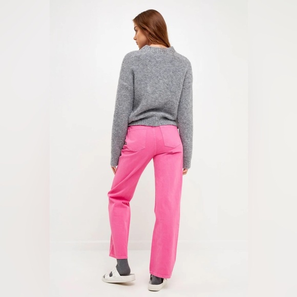 GREY LAB Jeans Women’s Size Large Pink Bright Denim Straight Wide Leg High Rise - Picture 10 of 14